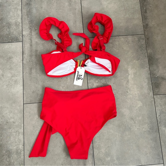 NEW High Waisted Swimsuit Flounce Straps Bikini Bathing Suit RED Small - Picture 6 of 8